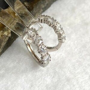 Sterling Silver 925 Prong Set Oval Cubic Zirconia Round Hinged Hoop Earrings